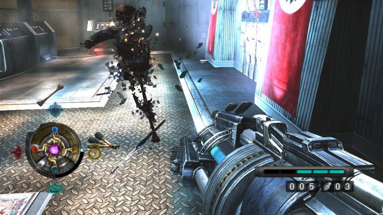 [04/03/2013] Leichenfaust 44 ist zweifellos die tödlichste Waffen in der Geschichte der Wolfenstein-Reihe. Mit einem Treffer verwandeln sich eure Feinde, in der Regel doofe Nazi-Soldaten, in Staub und Knochen (siehe Screenshot oben). Munition könnt ihr glücklicherweise auf dem Schwarzmarkt nachkaufen. 