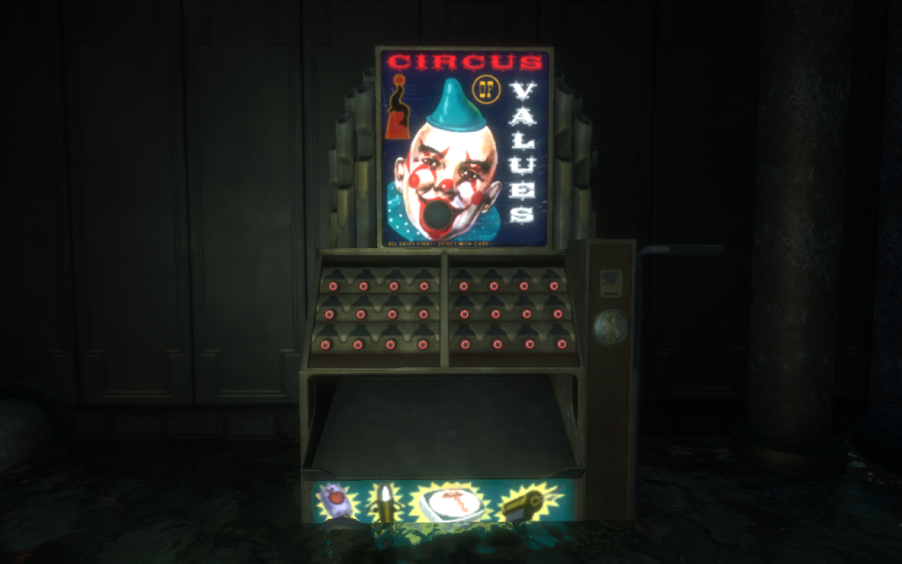 [14/06/2013] Die Verkaufsautomaten in Bioshock 2 lassen sich am besten mit einem Wort beschreiben: gruselig. Ein frühkindliches Clown-Trauma sollte man hier besser nicht haben.