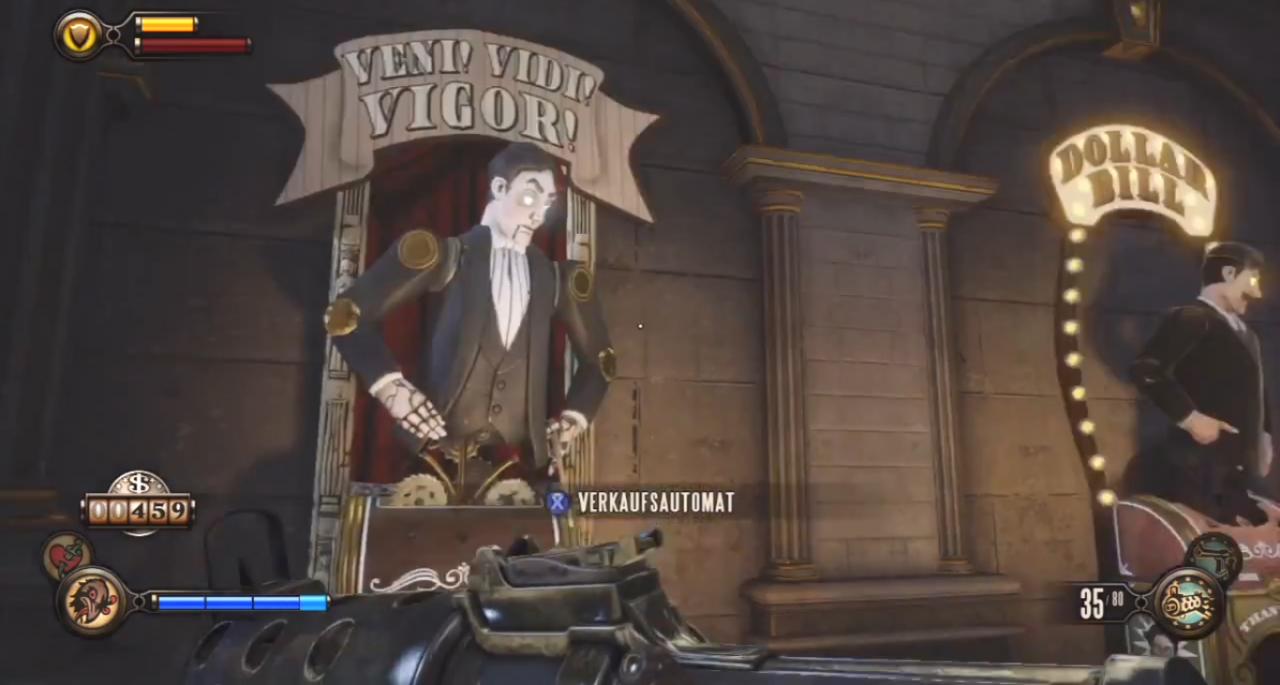 [14/06/2013] In Bioshock Infinite sind die Verkaufsautomaten schon weniger gruselig, viel genialer ist aber der Fakt, dass man sie mit der Fähigkeit Beherrschung munter ausplündern beziehungsweise um ihr Kleingeld bringen kann.