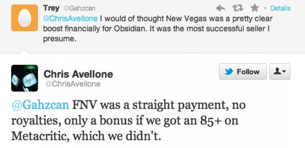 [01/07/2013] Fallout: New Vegas - ein hoher Metascore war offenbar Teil der Verhandlungen von Publisher und Entwickler, laut Tweet von Entwickler Chris Avellone.