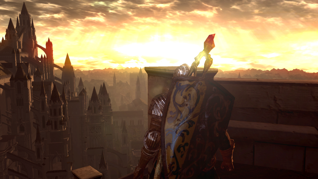 [12/07/2013] Dark Souls - Die einzigen Lichtstrahlen in der Welt Lordran sehen wir beim Sonnenuntergang über den Dächern der gotischen Bauten. Danach bleibt nur die Dunkelheit, die sich in der von Untoten bevölkerten Spielwelt breit macht.