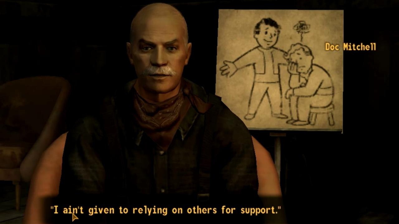 [08/07/2013] Doc Mitchell aus Fallout: New Vegas rettet uns zu Beginn des Spiels sprichwörtlich das Leben. Mit einem Kopfschuss zum Sterben in der Wüste zurückgelassen, verarztet uns der Doc und hilft uns wieder auf die Beine. Anschließend dürfen wir jederzeit zurückkehren, um von Wunden, Verstrahlung und anderen Beschwerden geheilt zu werden.