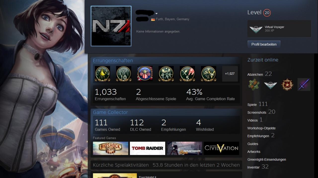 [19/07/2013] Profil mit Hintergrund, Showcase, Abzeichen und Steam-Level.