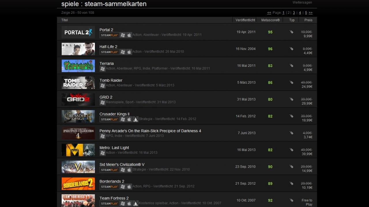 [19/07/2013] Steam Trading Cards: Liste der Spiele mit Sammelkarten.