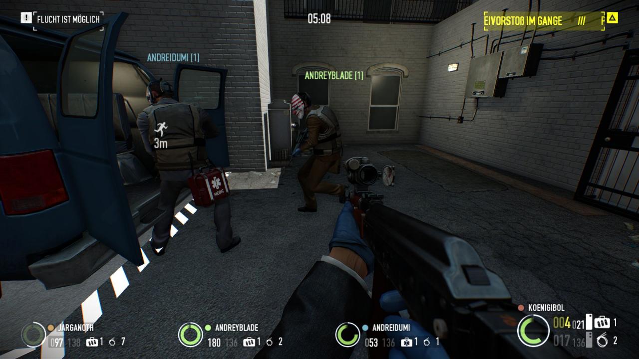 [13/08/2013] Obwohl Payday 2 eigentlich ein reinrassiger Koop-Shooter ist, könnt ihr alle Missionen auch alleine spielen und werdet dann von drei KI-Kameraden unterstützt.