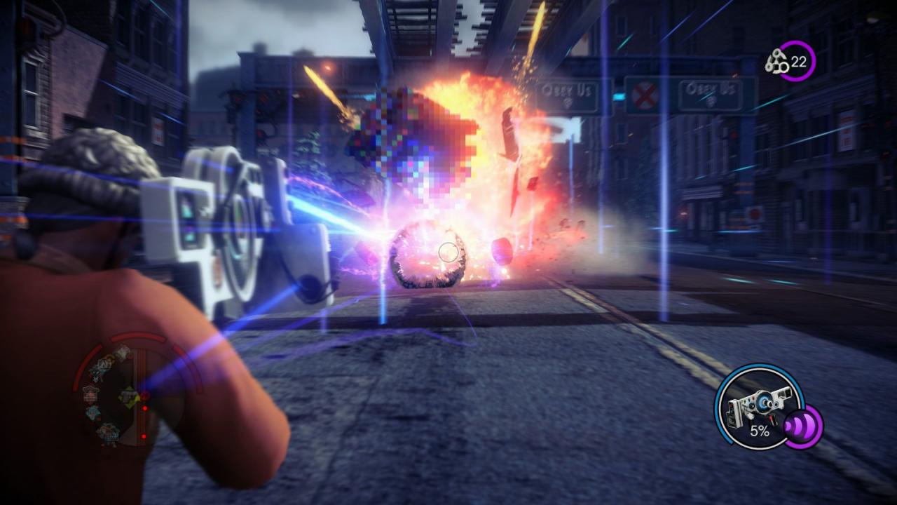 [14/08/2013] Saints Row 4 im Test: Pixel-Effekte wie bei dieser Explosion gibt es dank Matrix-Setting sehr viele. Teils stören sie etwas.