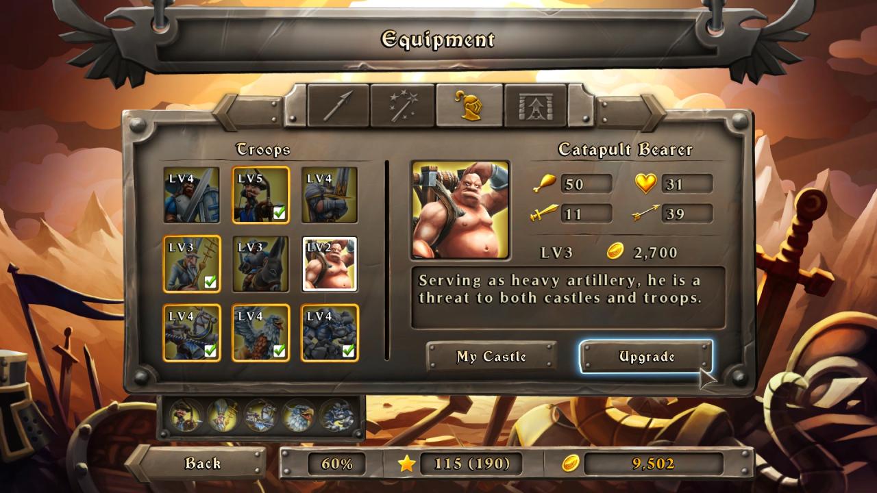 [01/08/2013] Castlestorm im Test: Zwischen Einsätzen werten wir Einheiten, Geschosse, Zauber und Räume mit unserem verdienten Gold auf.