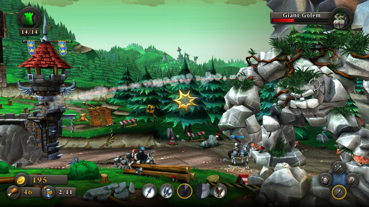 [01/08/2013] Castlestorm im Test: Seltene Bosskämpfe bringen etwas Abwechslung ins sonst eher eintönige Spiel. Hier müssen wir einen riesigen Steingolem ausschalten.