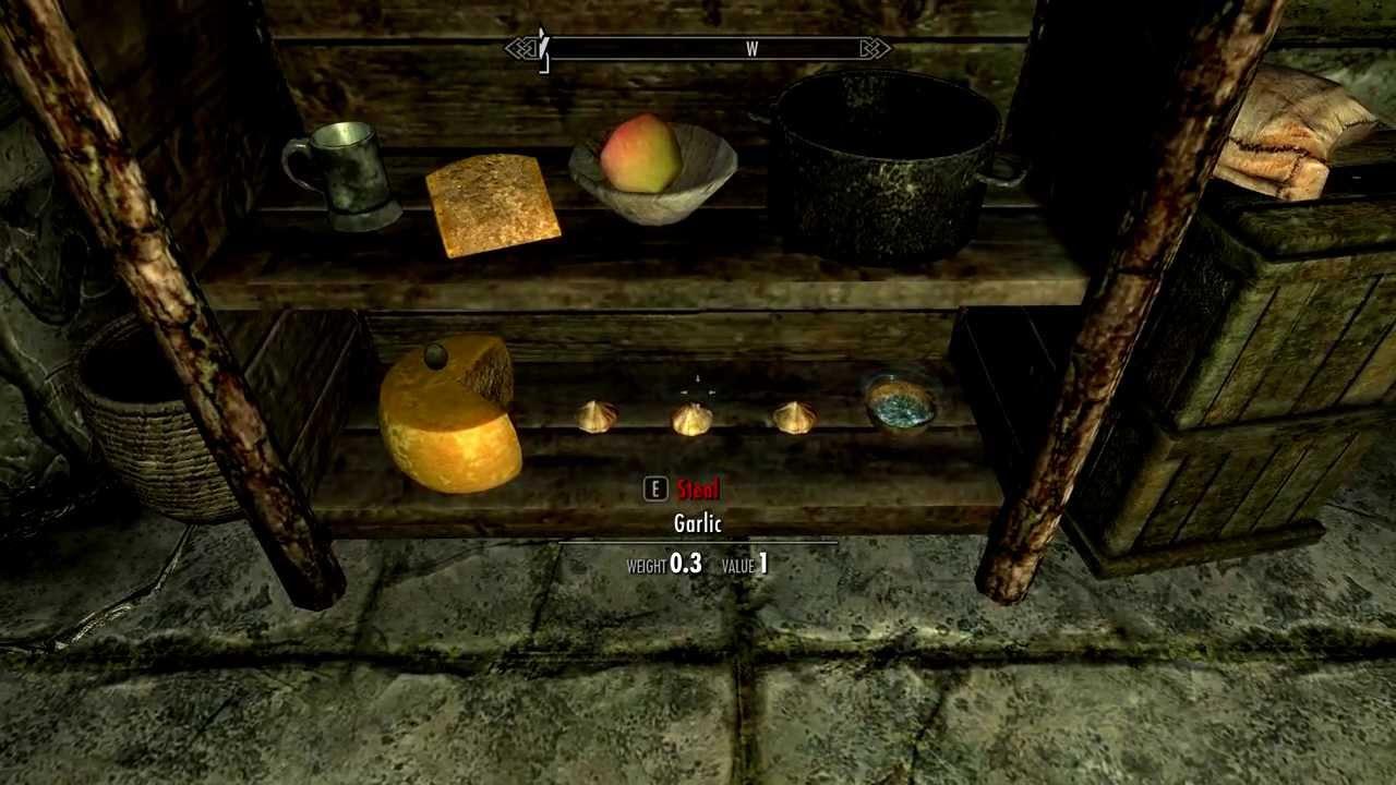 [05/09/2013] Essen in Skyrim? Langweilig, gibt es doch alles schon! Deswegen hier ein Beispiel von Essenskuns: Der Pacman- Käse! Dieses Easter-Egg können wir in Endon's Haus in Markarth finden. Ein Käserad, Knoblauch und Leuchtstaub sind hier dekorativ angeordnet. Yummie!