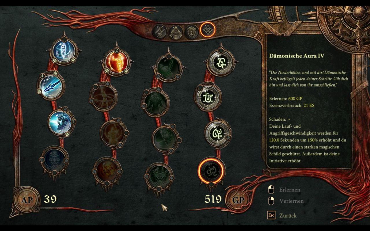 [21/10/2013] Demonicon im Test: Das Magiesystem (Gaben) fällt nicht gerade umfangreich aus.