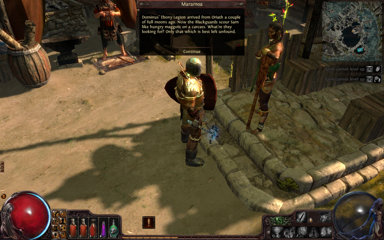 [31/10/2013] Path of Exile im Test: Spärlich verteilte NPCs, die mit guten Sprechern vertont sind, erzählen ein bisschen was zur Story. Doch Zwischensequenzen sucht man vergeblich.