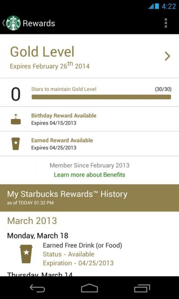[31/10/2013] Vorsicht, heiß: Die häufigste Form der Gamification ist die der Kundenbindung. Auch die US-Kaffee-Kette Starbucks nutzt dies in ihrer App: Für jeden getrunkenen Kaffee erhält der Kunde Sterne, mit denen er Level-ups und Belohnungen freischaltet.