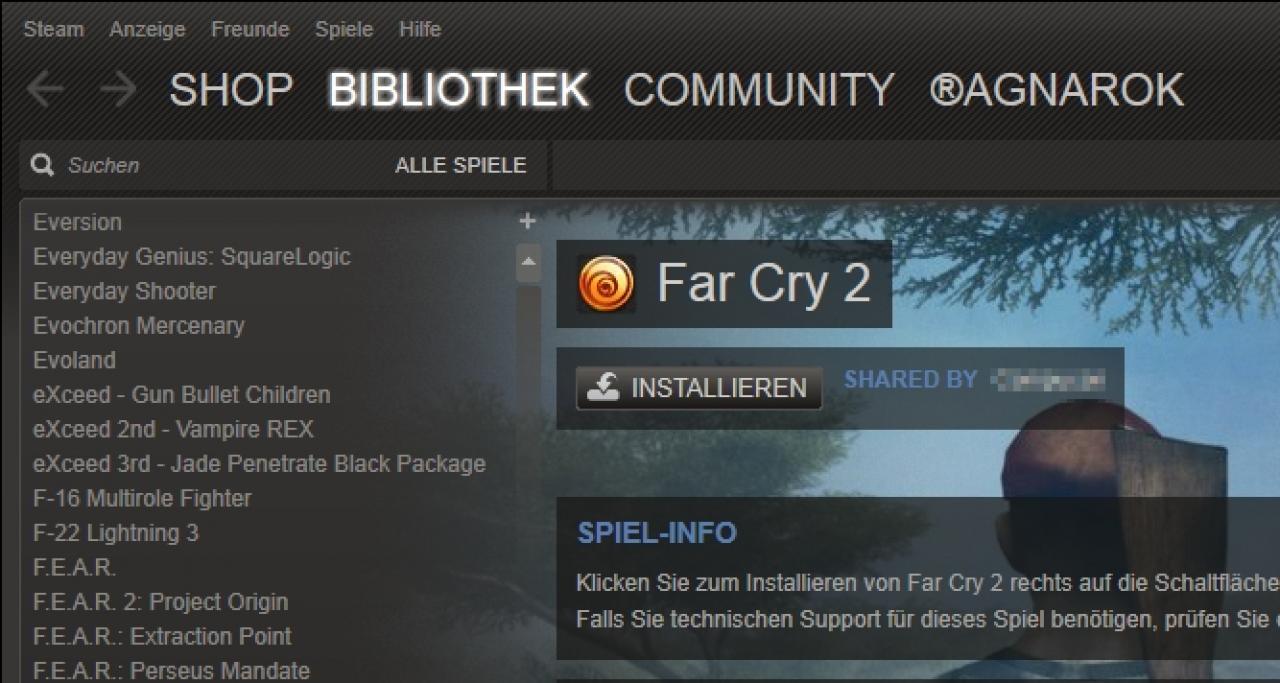 [22/10/2013] Das Teilen und Freigeben von Spielen in Steam funktioniert bereits. Dieses Far Cry 2 gehört nicht uns, sondern einem Freund, spielen können wir es dennoch.