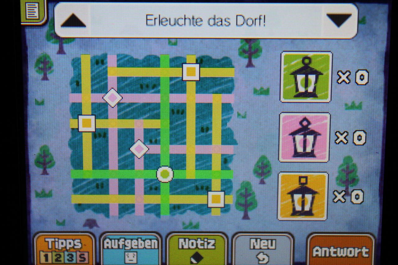 [08/11/2013] Professor Layton und das Vermächtnis von Aslant: So müssen die Laternen angeordnet werden, um Rätsel 003: Dorfbeleuchtung erfolgreich abzuschließen.