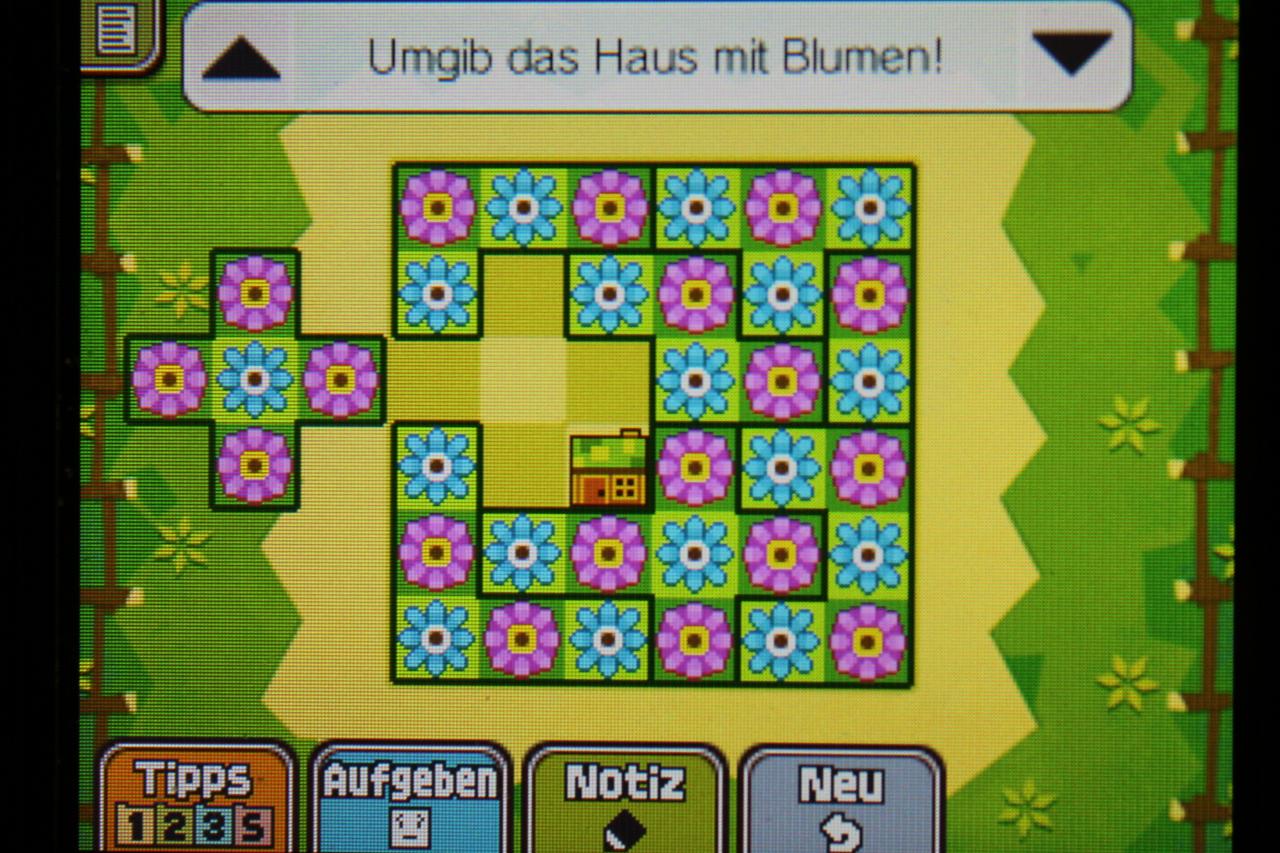 [08/11/2013] Professor Layton und das Vermächtnis von Aslant: Hier seht ihr die korrekte Anordnung der Holzblöcke, um Rätsel 014: Blumiger Vorgarten abzuschließen.