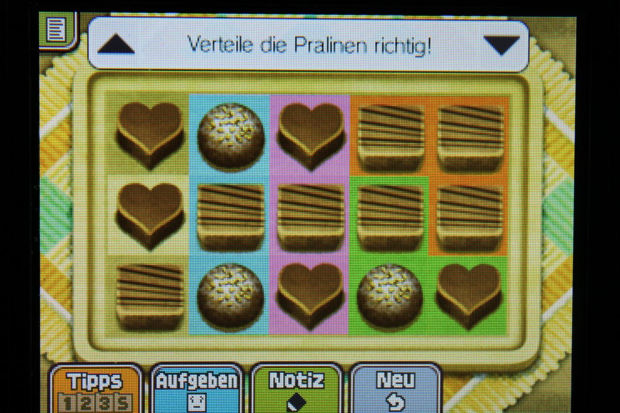 [08/11/2013] Professor Layton und das Vermächtnis von Aslant: So müssen die Pralinen eingeteilt werden, um Rätsel 023: Schokoschmaus erfolgreich abzuschließen.