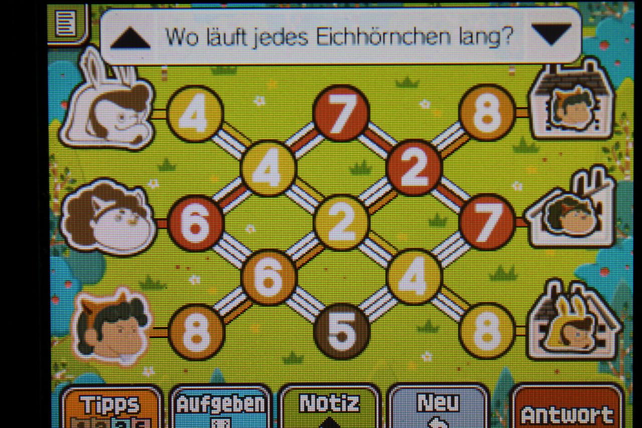 [11/11/2013] Professor Layton und das Vermächtnis von Aslant: Hier könnt ihr den Weg sehen, den die Eichhörnchen gehen müssen, um Rätsel 040: Der Weg der Eicheln abzuschließen.