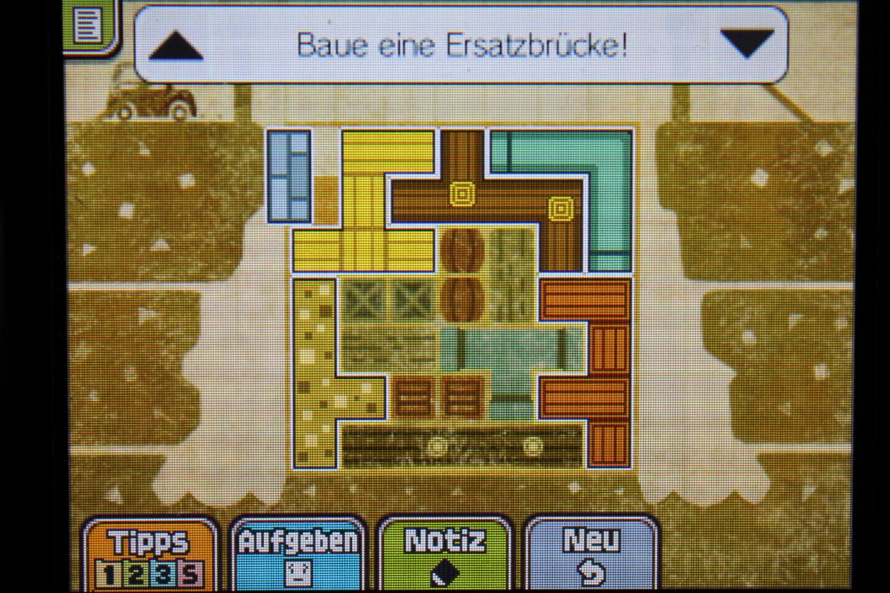 [11/11/2013] Professor Layton und das Vermächtnis von Aslant: Um Rätsel 076: Ersatzbrücke zu meistern, müsst ihr die Bausteine wie gezeigt anordnen.