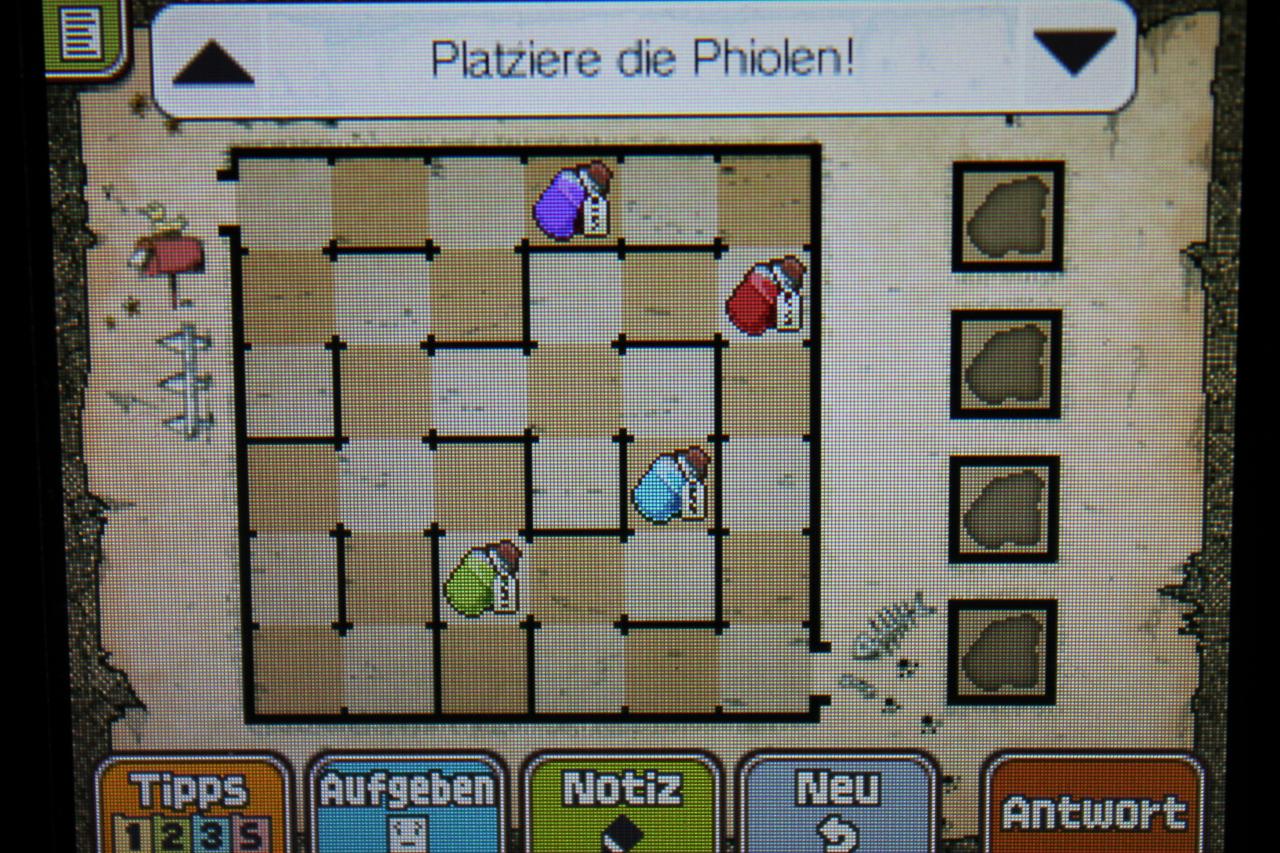 [11/11/2013] Professor Layton und das Vermächtnis von Aslant: Hier könnt ihr die Stellen sehen, an denen die Zaubertränke in Rätsel 084: Hexenholfe platziert werden müssen.