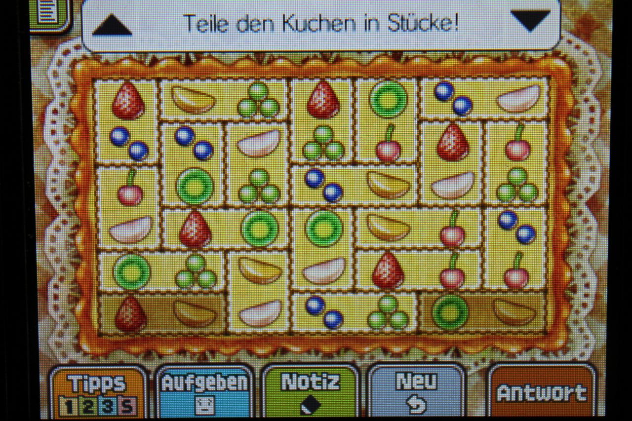 [13/11/2013] Professor Layton und das Vermächtnis von Aslant: Um Rätsel 105: Obstkuchenstücke abzuschließen, müsst ihr den Kuchen wie gezeigt einteilen.