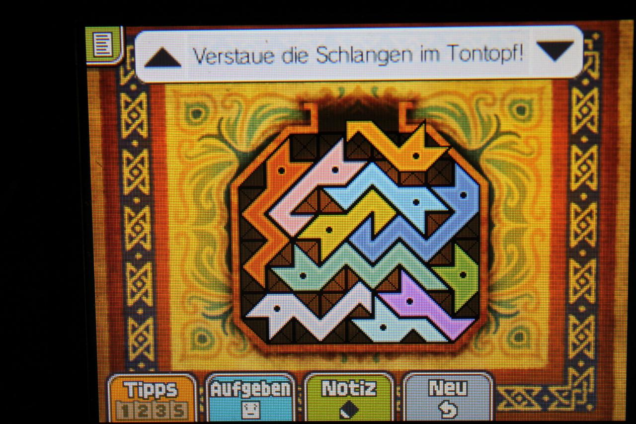 [11/11/2013] Professor Layton und das Vermächtnis von Aslant: Hier seht ihr die korrekte Anordnung der Schlangen, um Rätsel 083: Schlangentopf 2 abzuschließen.