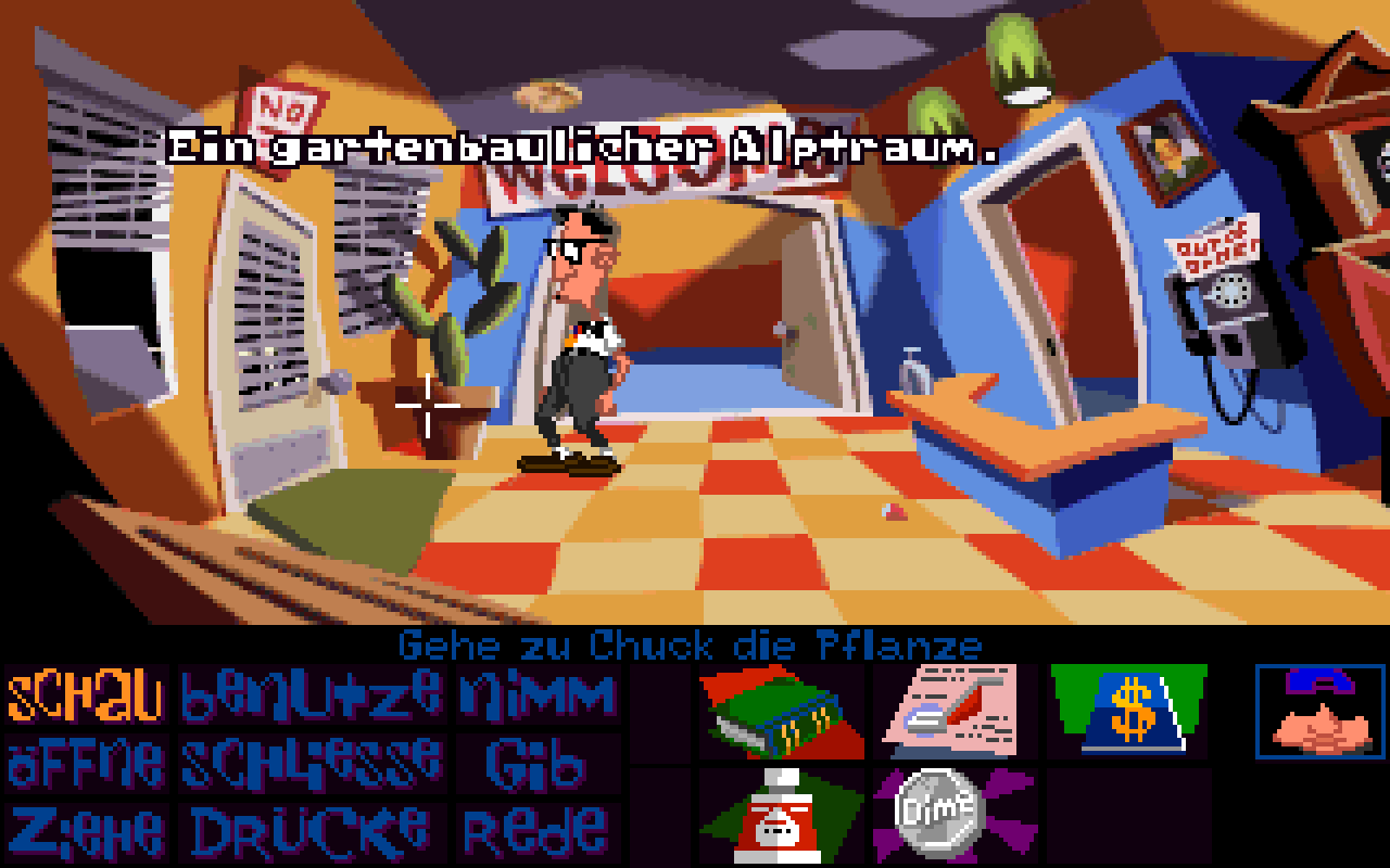 [08/11/2013] Chuck die Pflanze hatte ihr Debüt in Maniac Mansion und gehörte seitdem zum festen Inventar der meisten Lucas Arts-Adventures. Vom kleinen Minigewächs im gelben Topf mauserte sich Chuck zum stattlichen Exemplar, das ihr in dem Screenshot aus Day of the Tentacle sehen könnt.