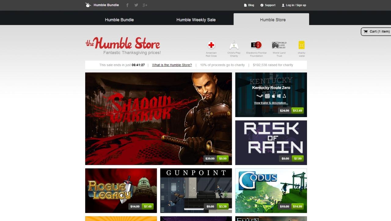 [10/12/2013] Neben Humble Bundle und Humble Weekly Sale gesellt sich nun noch der Humble Store. Dieser funktioniertjedoch abweichend mit (jedoch teils deutlich rabattierten) Festpreisen.