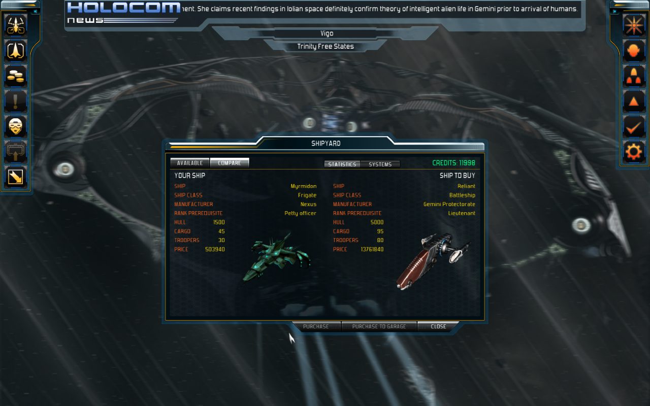 [02/12/2013] Starpoint Gemini 2 (Early Access): In der Schiffswerft könnt ihr Werte und Ausrüstung eures Schiffs mit den dort angebotenen Fliegern vergleichen.