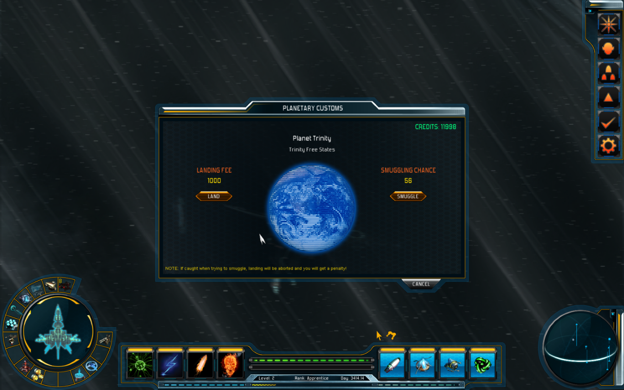 [02/12/2013] Starpoint Gemini 2 (Early Access): Nettes Feature - für die Landung auf diesem Planeten müsst ihr 1.000 Credits abdrücken ... oder ihr versucht euch, hineinzuschmuggeln. Die Erfolgschance seht ihr rechts eingeblendet.