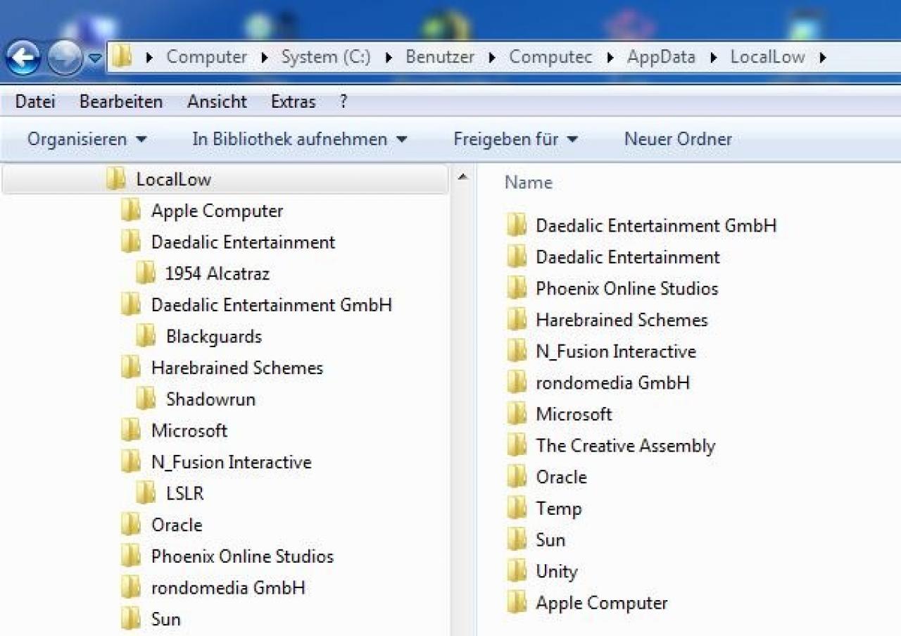 [31/01/2014] Im Ordner LocalLow im Windows-Benutzerverzeichnis wird man häufig fündig. Aber auch da gibt es Stolpersteine, etwa doppelte Publisher-Ordner.