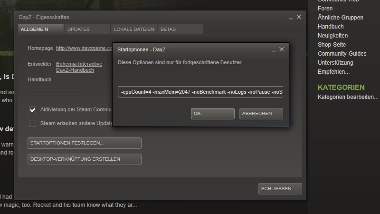 [09/01/2014] Durch Start-Parameter in den Steam-Einstellungen lässt sich die Leistung von DayZ optimieren.