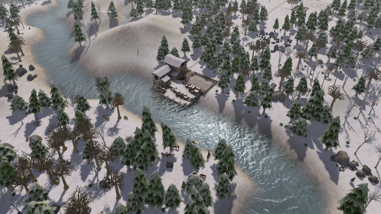 [21/02/2014] Banished: Laubbäume stehen im Winter ohne Blätter da, Nadelbäume bleiben grün. Selbst an solche Details hat der Entwickler gedacht.