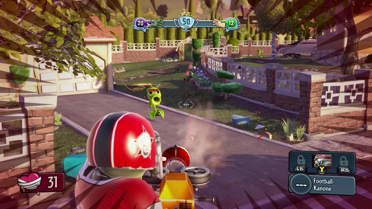 [24/02/2014] Ein Football-Zombie kämpft gegen einen Erbsenstrauch - der skurril-absurde Charme der Reihe wird auch in Garden Warfare eingefangen. (Bild aus der Xbox-One-Version)