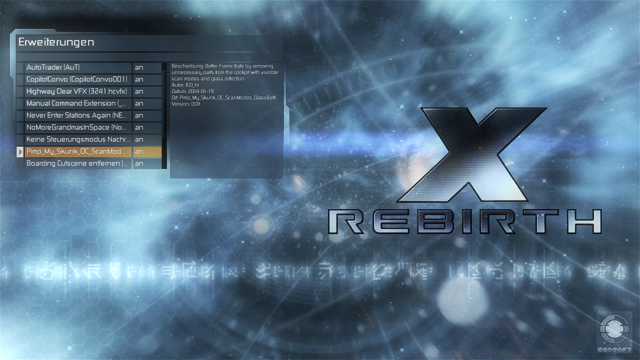 [19/02/2014] X Rebirth v. 1.24: Mithilfe von zahlreichen Mods kann man sich den Spielspaß in Rebirth verbessern. Im Hauptmenü lassen sich zuvor installierte Mods einzeln ein- und ausschalten.
