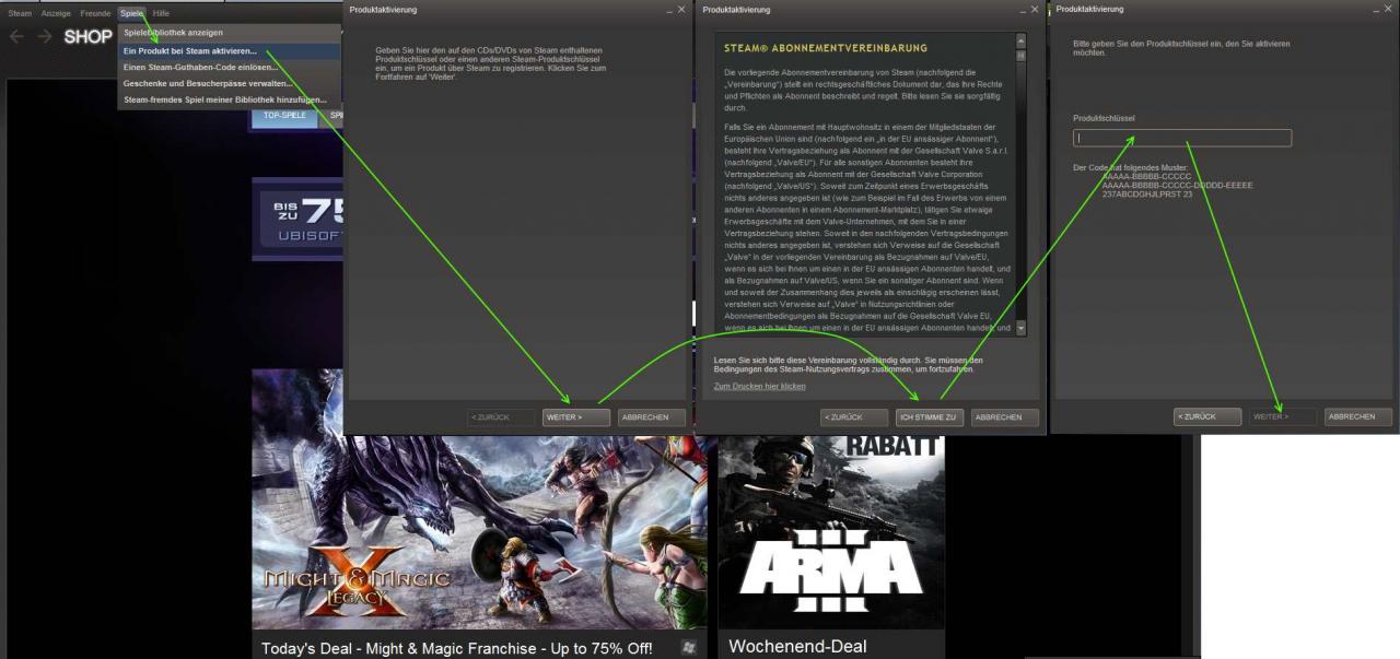 [21/02/2014] Spielecode bei Steam aktivieren: so einfach geht es (Collage der Einzelschritte - die Fenster seht ihr nicht gleichzeitig)