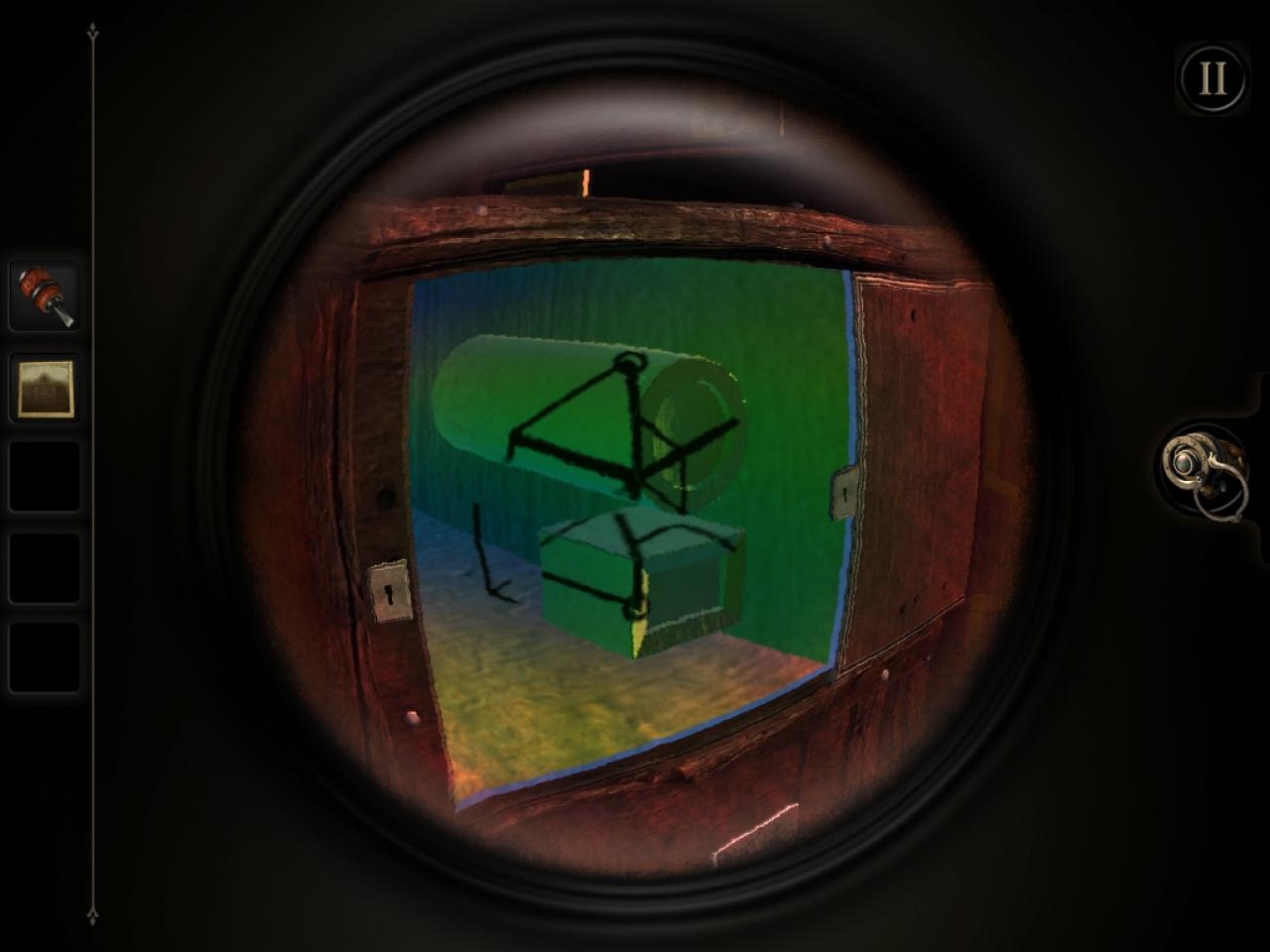 [24/02/2014] The Room - Kapitel 2 - Nutzt das Okular und dreht den Zylinder und den Würfel so, dass ihr mit einer Bewegung der Kamera das Null-Element-Symbol baut.