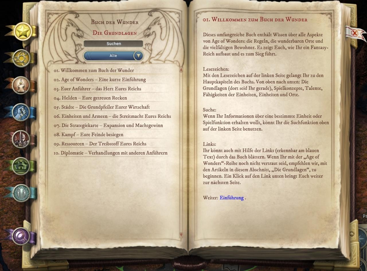 [26/02/2014] Das im Spiel aufrufbare Handbuch bietet viele wichtige Informationen zu Age of Wonders und lässt sich wie eine Wikipedia nutzen.