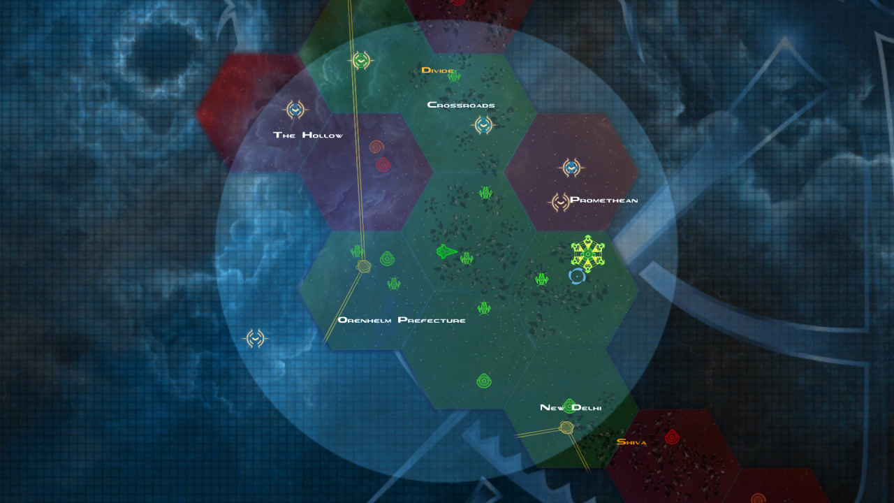[16/04/2014] Starpoint Gemini 2: Die Sternenkarte deckt ihr Stück für Stück auf. Der blaue Kreis bestimmt die Entfernung für einen T-Sprung (Teleport). Solche Sprünge verbrauchen T-Ladungen.