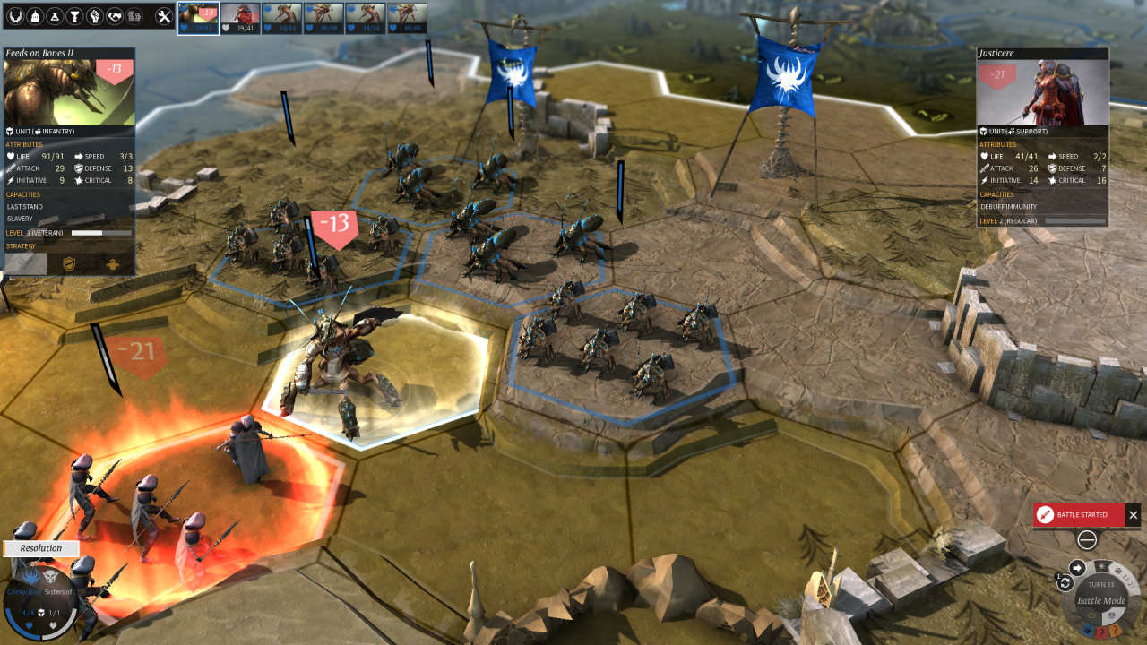 [29/04/2014] Endless Legend: Im Kampf zeigen Einheitenporträts die aktuellen Statuswerte der Trupps an.