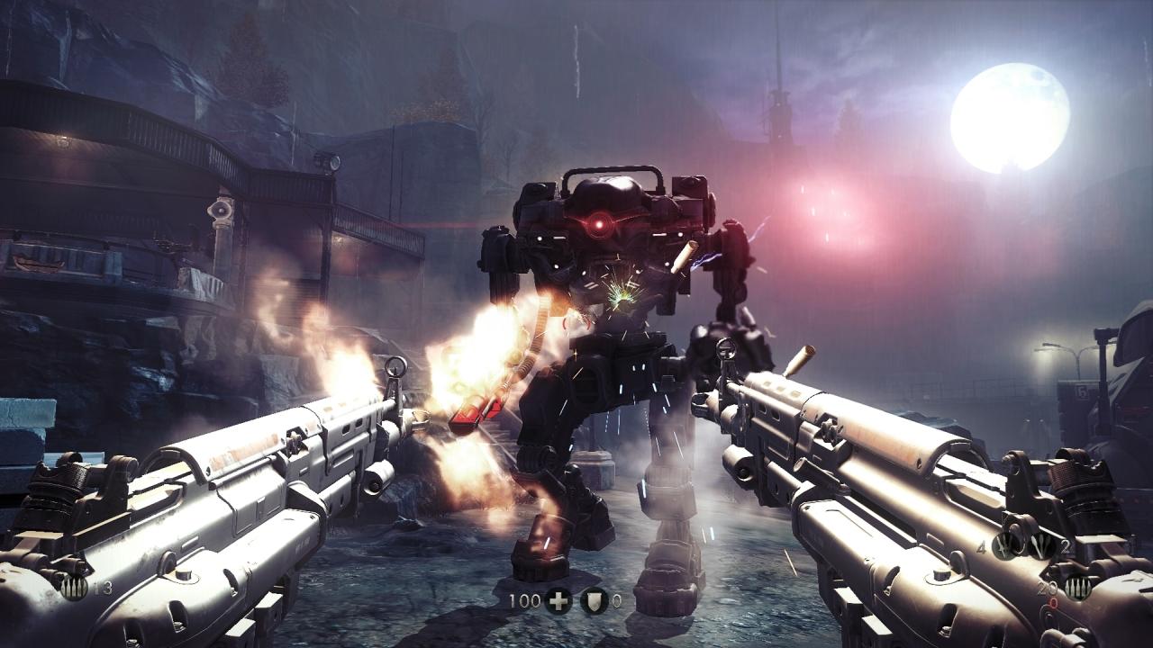 [22/05/2014] Screenshot aus der PC-Version: Mit zwei MGs gegen einen Nazi-Roboter.