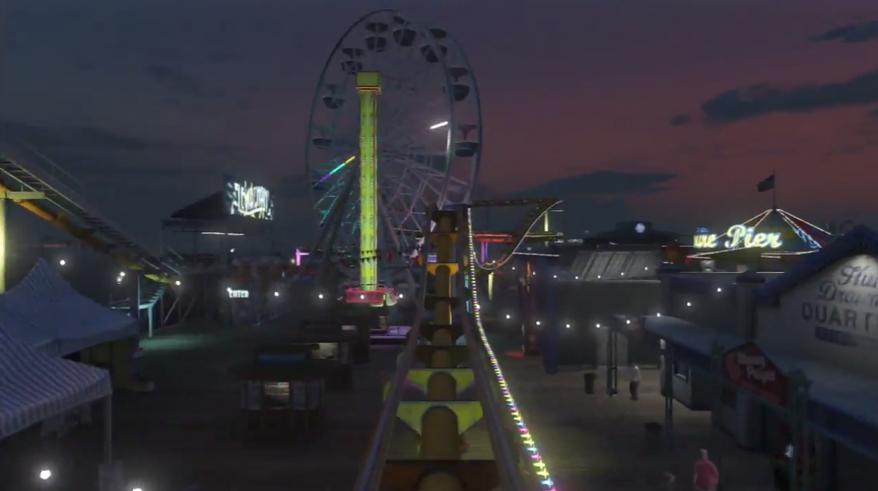 [14/07/2014] Wer eher Lust auf weniger Action hat, ist mit dem Jahrmarkt in GTA 5 gut beraten. Hier sind die Attraktionen größtenteils zwar nicht nutzbar, aber dafür sieht das Ganze richtig toll aus. Ein Abstecher zum Jahrmarkt bei Sonnenuntergang lohnt sich also auf alle Fälle. Wenn ihr ein bisschen Chaos veranstalten wollt, ist der gut besuchte Ort natürlich auch ziemlich passend - zum Beispiel um ein paar Leute herum zu schubsen oder um mit dem Panzer eine kleine Spritztour zu machen.
