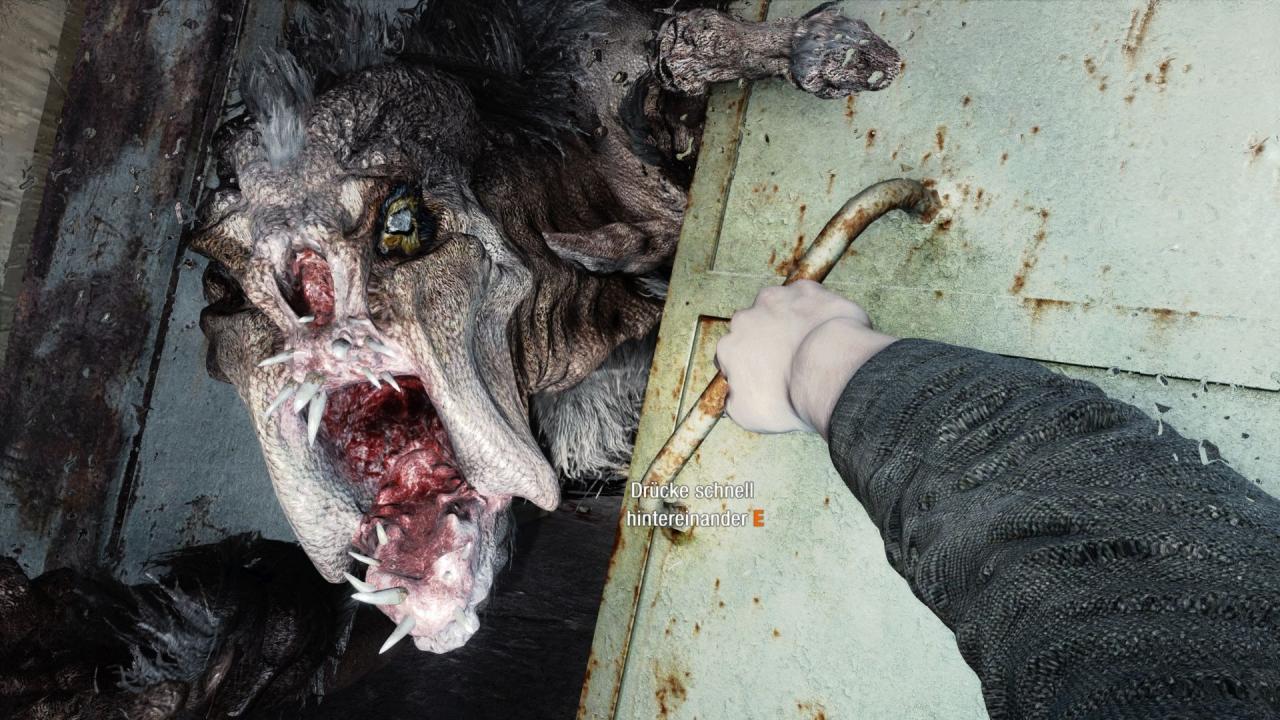 [18/08/2014] Eine der wenigen neuen Szenen in der Metro 2033-Kampagne: Ein Monster greift Artjom überraschen an und wir müssen auf eine Taste hämmern. (PC)