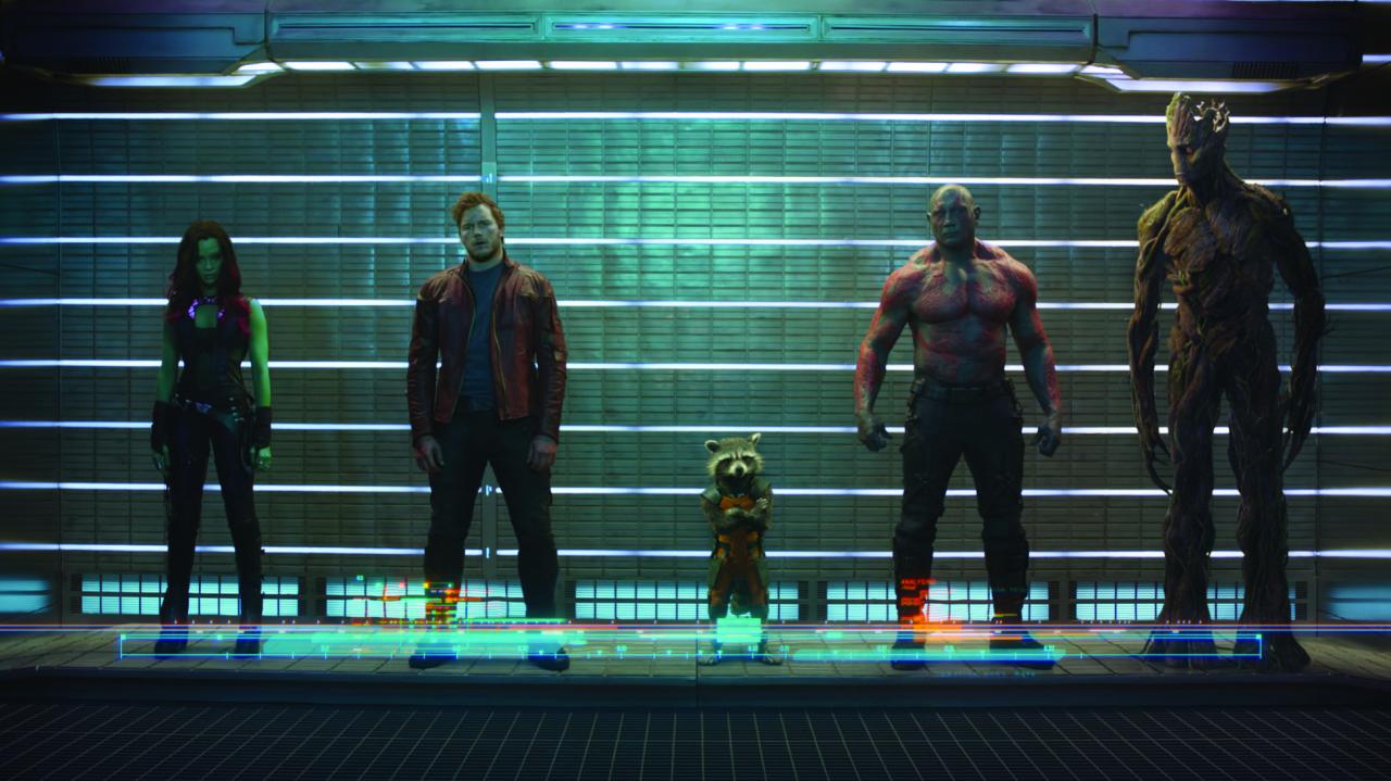 [19/08/2014] Fünf Knastbrüder, ein Team: Gamora, Star-Lord, Rocket, Drax und Groot (von links nach rechts)