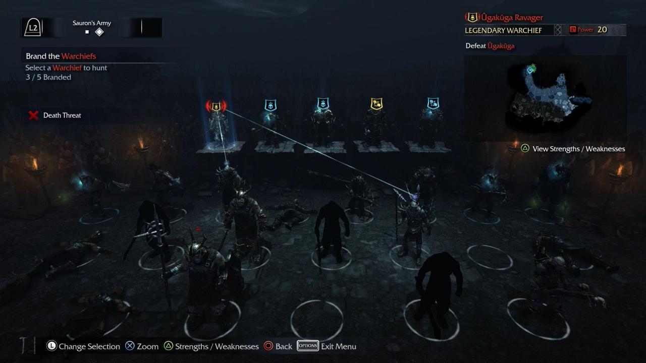 [19/09/2014] Auf dem Nemesis-Bildschirm könnt ihr Stärken, Schwächen und Aufenthaltsorte der orkischen Hauptmänner und Häuptlinge studieren. (PS4)