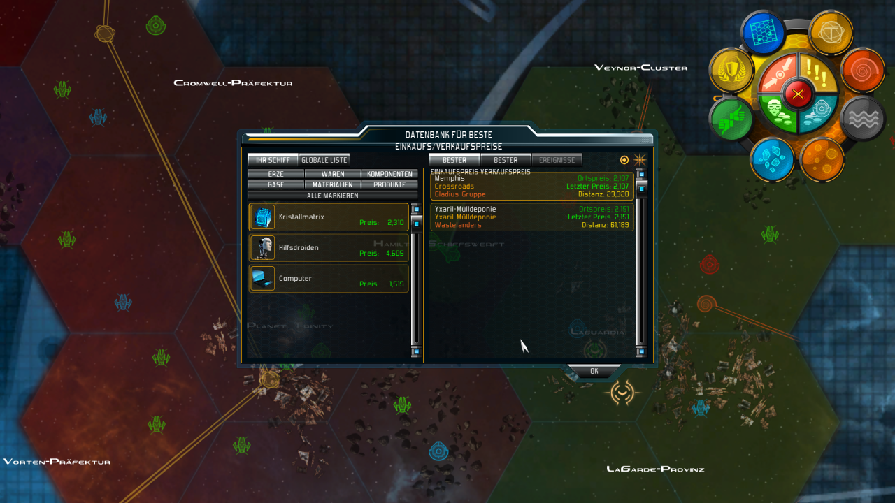 [30/09/2014] Starpoint Gemini 2: Dank der praktischen Preis-Statistik lässt sich schnell herausfinden, wo wir Handelswaren günstig einkaufen und teuer verkaufen können.