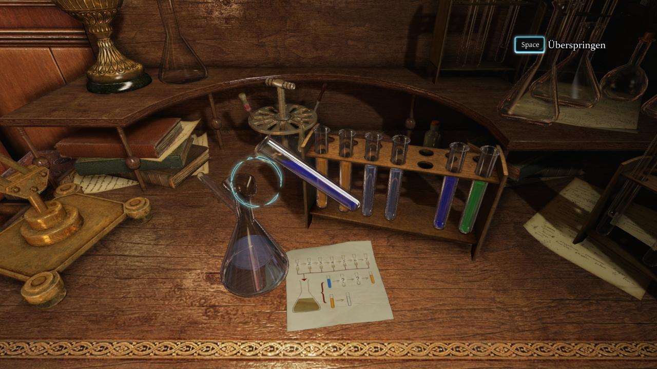 [29/09/2014] Hin und wieder müssen wir an Holmes Alchemietisch kleine Experimente durchführen. Richtig unterhaltsam sind diese Mini-Spiele allerdings nicht geraten - zum Glück lassen sie sich überspringen. (PC)