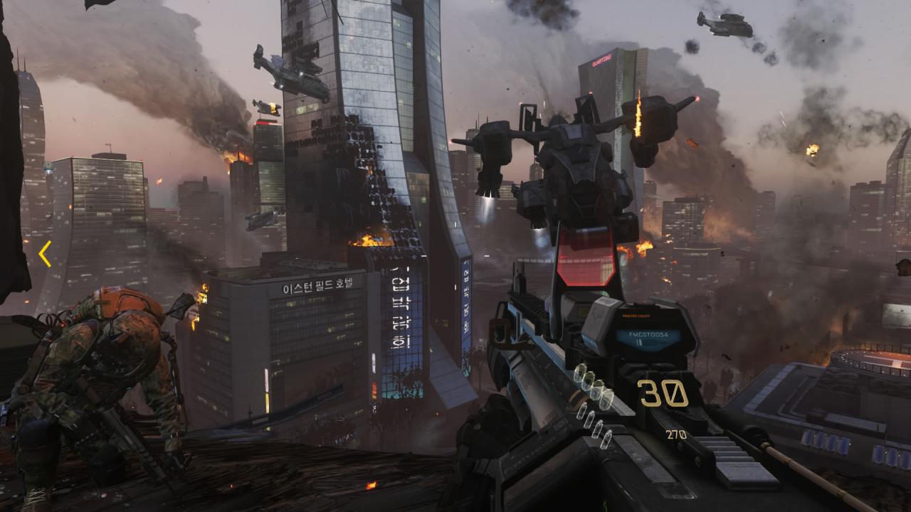 [31/10/2014] Call of Duty: Advanced Warfare - Ballern, nachladen, ballern, nachladen, Quick-Time-Event, ballern, nachladen, Explosion in Zeitlupe, Zwischensequenz und per Knopfdruck einem gefallenen Kameraden gedenken - die nächsten vier Stunden alles wiederholen. Das alles natürlich strikt linear mit mindestens einer Explosion pro Checkpoint. Letzteres ist womöglich ein kluger Kniff der Entwickler um Spieler durch harte Bässe am Wegnicken zu hindern.