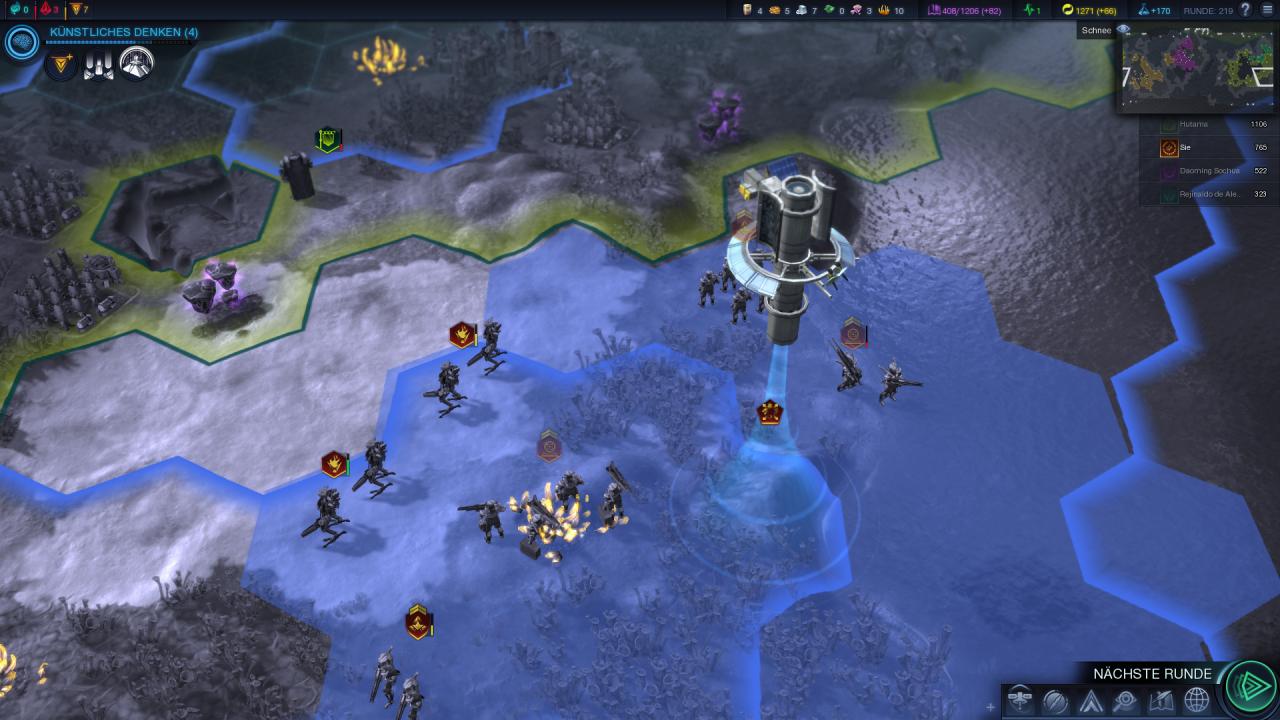 [21/10/2014] Civilization: Beyond Earth - Volle Überwachung: In der blau schimmernden Orbitalebene stationieren wir nützliche Satelliten über dem Schlachtfeld. Die Satelliten übernehmen dabei unterschiedlichste Aufgaben.