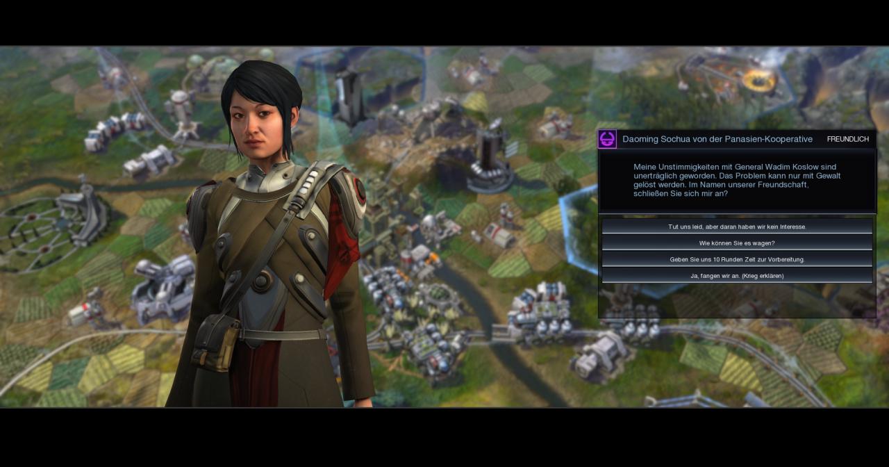 [21/10/2014] Civilization: Beyond Earth - Praktisch: Schon anhand der Kleidung lässt sich im Dialog mit Vetretern anderer Nationen erkennen, welcher Ideologie sie sich verschrieben haben. Die hier gezeigte Uniform repräsentiert beispielsweise die Reinheits-Affinität.