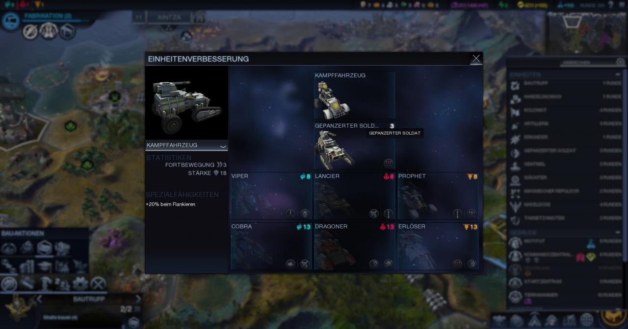 [21/10/2014] Civilization: Beyond Earth - Im Aufrüst-Menü verteilen wir nach Stufenaufstiegen im Affinitätslevel Spezialfähigkeiten an unsere Truppen: Auf Stufe zwei wird beispielsweise das Kampffahrzeug zum Panzer ausgebaut.